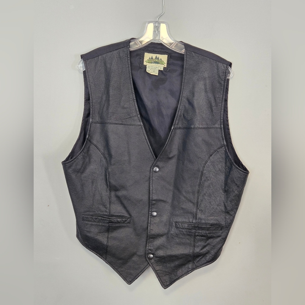 Timber Trail Men’s Black Leather Vest Snap Front Size Large